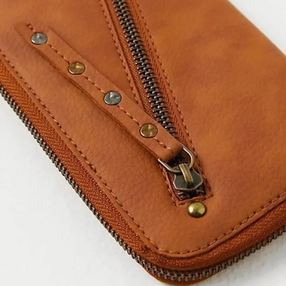Free People Distressed Vegan Wallet Worn Finish Wrist strap Clutch Brown Tan